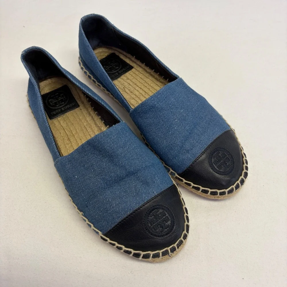 Tory Burch Espadrille Flats Womens 7.5 Blue Denim Leather Cap Toe Nautical 46767